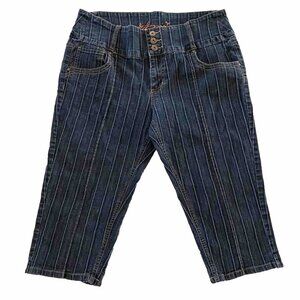 Jazzie Jeans Women's Capri Size XL Denim Ribbed Button Fly Mid Rise Dark Wash